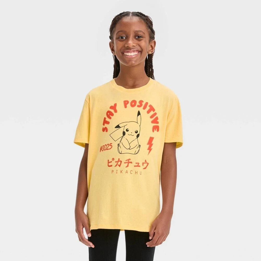 Girls' Pokemon Pikachu Short Sleeves Graphic Tee Shirt - Yellow Size X-Large